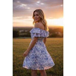 Kookai Linen Off Shoulder Mini Dress Blue White Floral Ruffle Size 36 XS S
